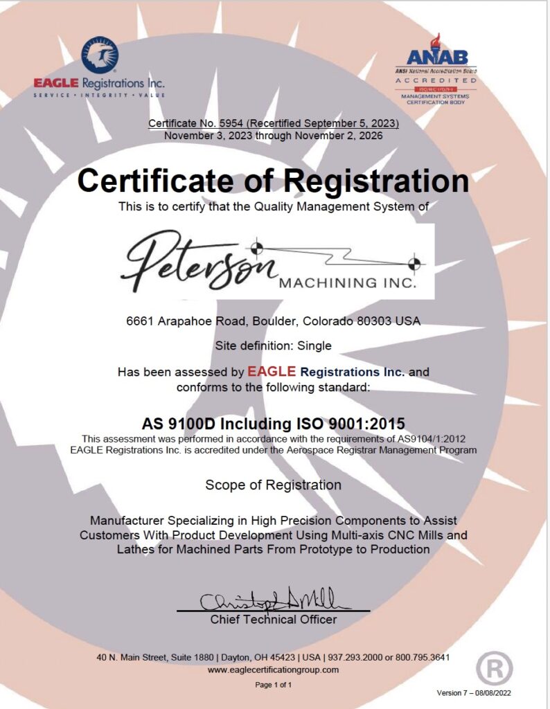 Peterson Machining Inc. AS 9100 Certificate RE 2023