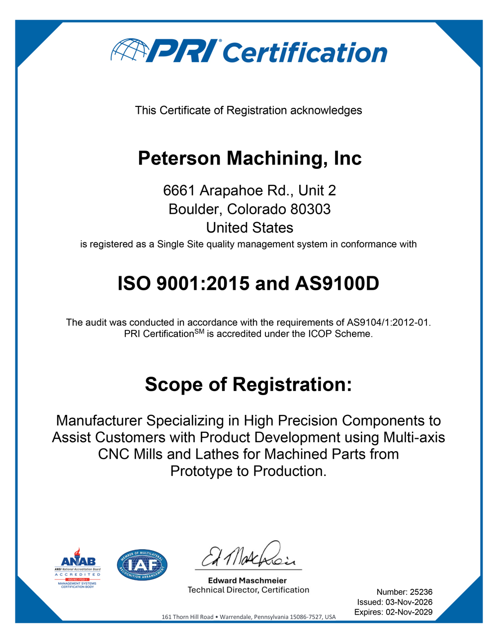 PRI Certification Performance Review Institute ISO 9001:2015 and AS9100D